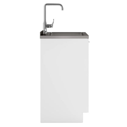 Murphy laundry cabinet with stainless steel sink and chrome gooseneck faucet, white base on Tampa Home & Garden Store