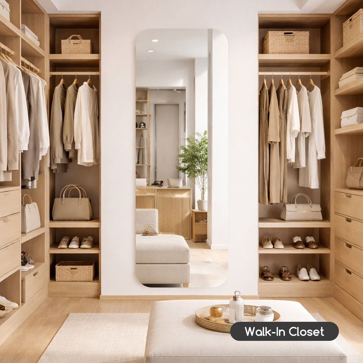 Full Body Round Corner Mirror with white frame in a sleek walk-in closet by HouseOfZazla on Tampa Home & Garden Store
