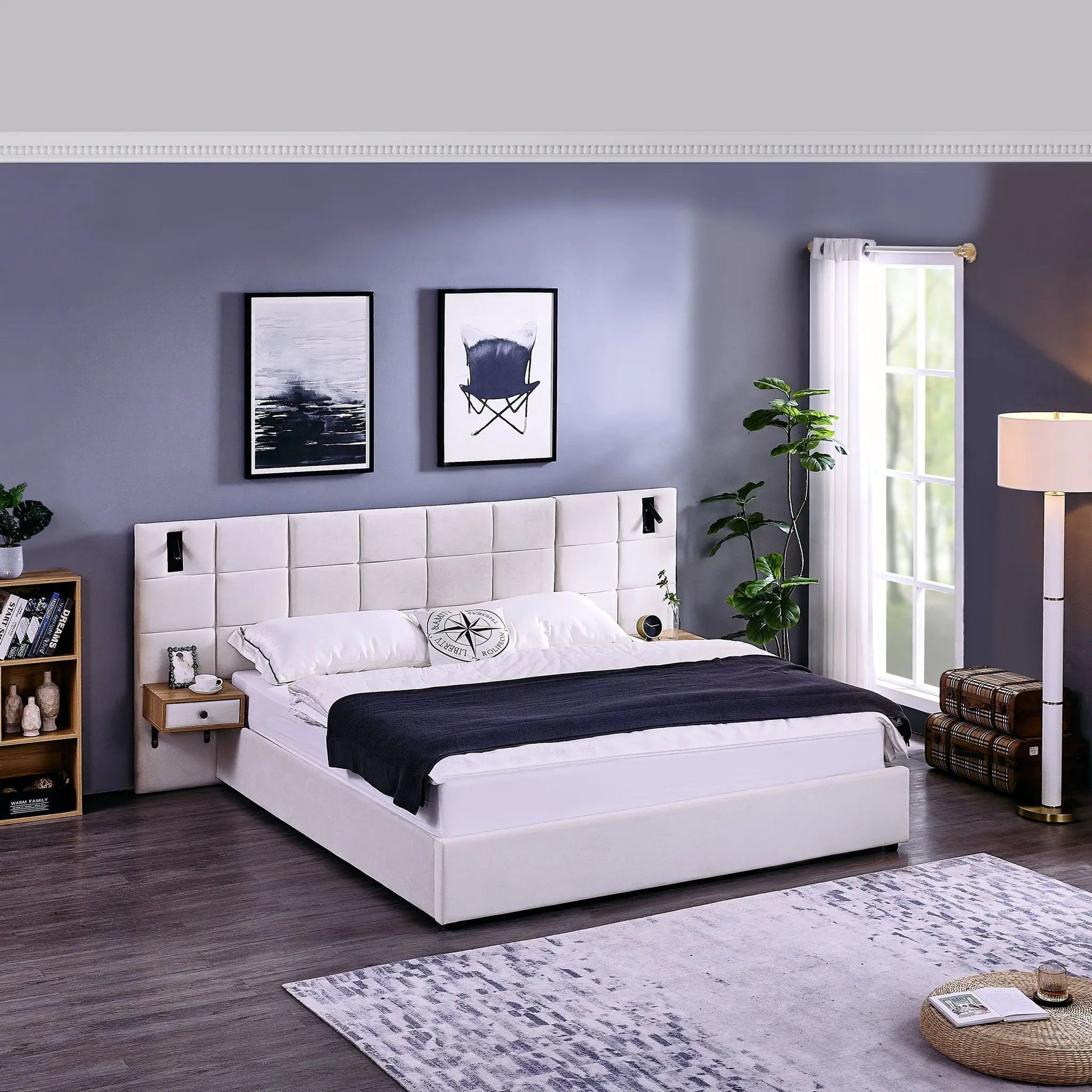 Upholstered hydraulic platform bed with storage shelves, reading lamps & USB port in bedroom on Tampa Home & Garden Store