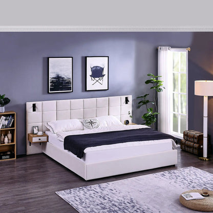 Upholstered hydraulic platform bed with storage shelves, reading lamps & USB port in bedroom on Tampa Home & Garden Store