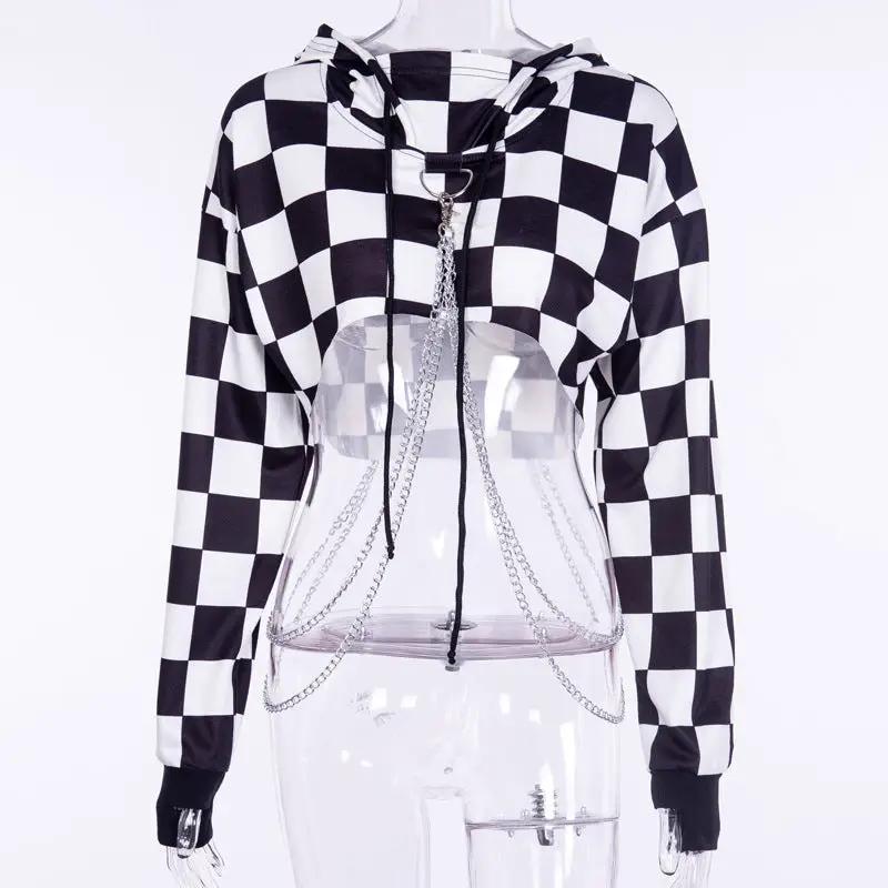 Dark Design Cool Blouse Sweater with black-and-white checker and clear chest overlay chains on Tampa Home & Garden Store