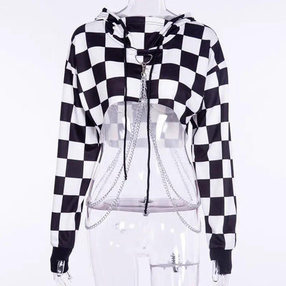 Dark Design Cool Blouse Sweater with black-and-white checker and clear chest overlay chains on Tampa Home & Garden Store