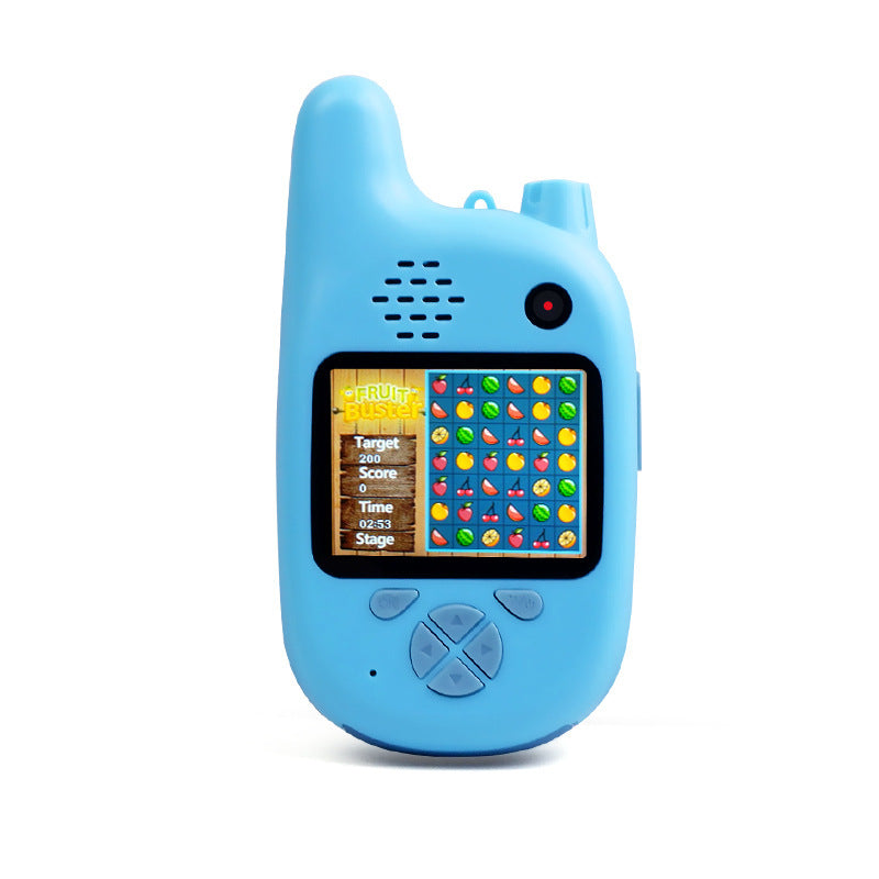 Walkie-Talkie Kids Camera Toy in blue with mini HD display, fruit game grid and D-pad controls on Tampa Home & Garden Store
