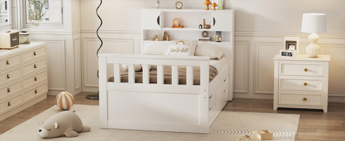 Twin Size Captain Platform Bed Frame with Storage Bookcases and Shelves,Four Drawers,White - Tampa Home & Garden Store