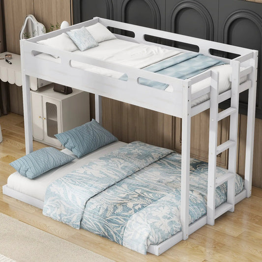 Twin over Full Bunk Bed with Built in Ladder white frame, two beds with blue bedding on Tampa Home & Garden Store