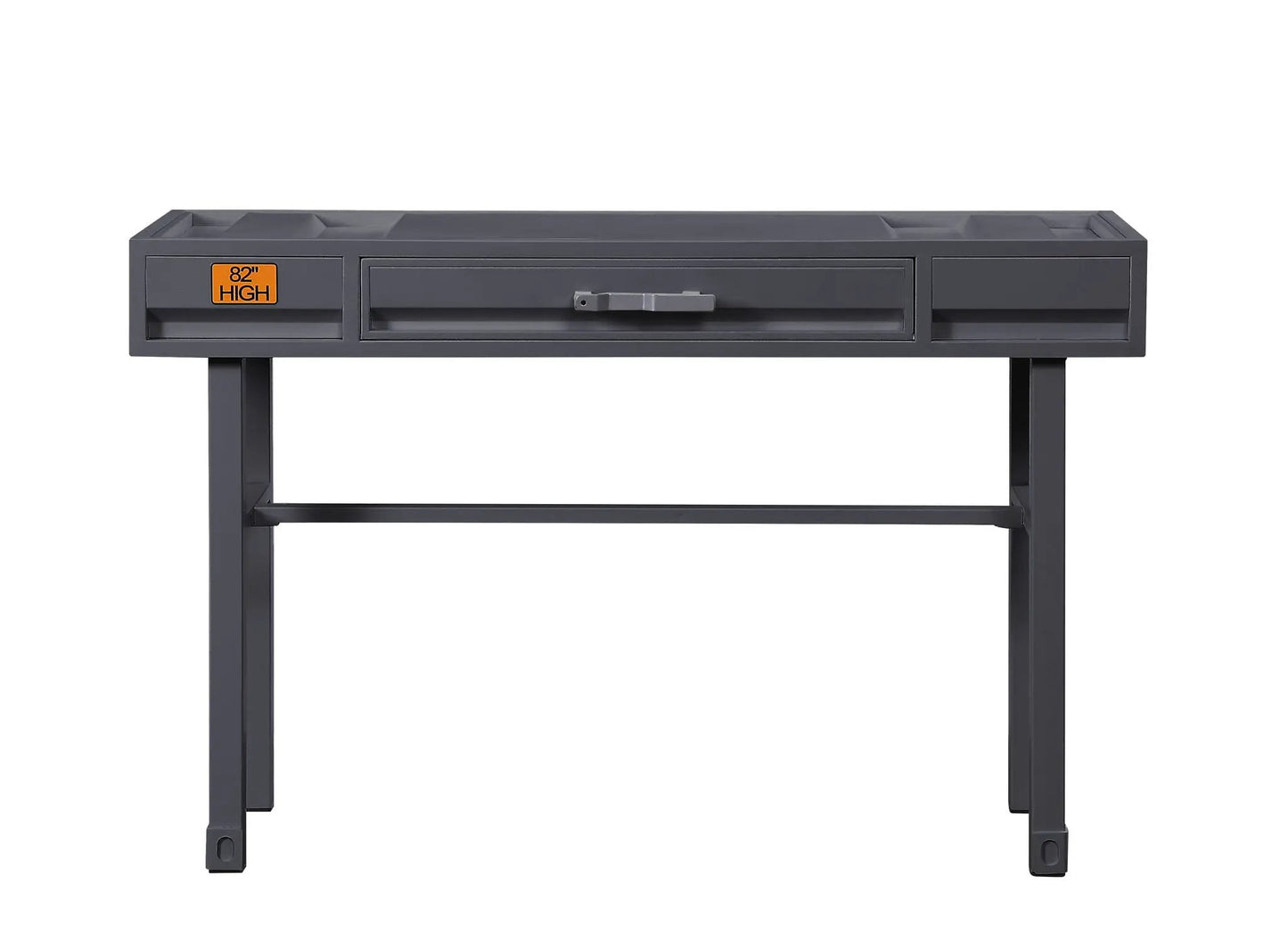 Cargo vanity desk with storage in dark gray metal frame, built-in top trays and central drawer on Tampa Home & Garden Store