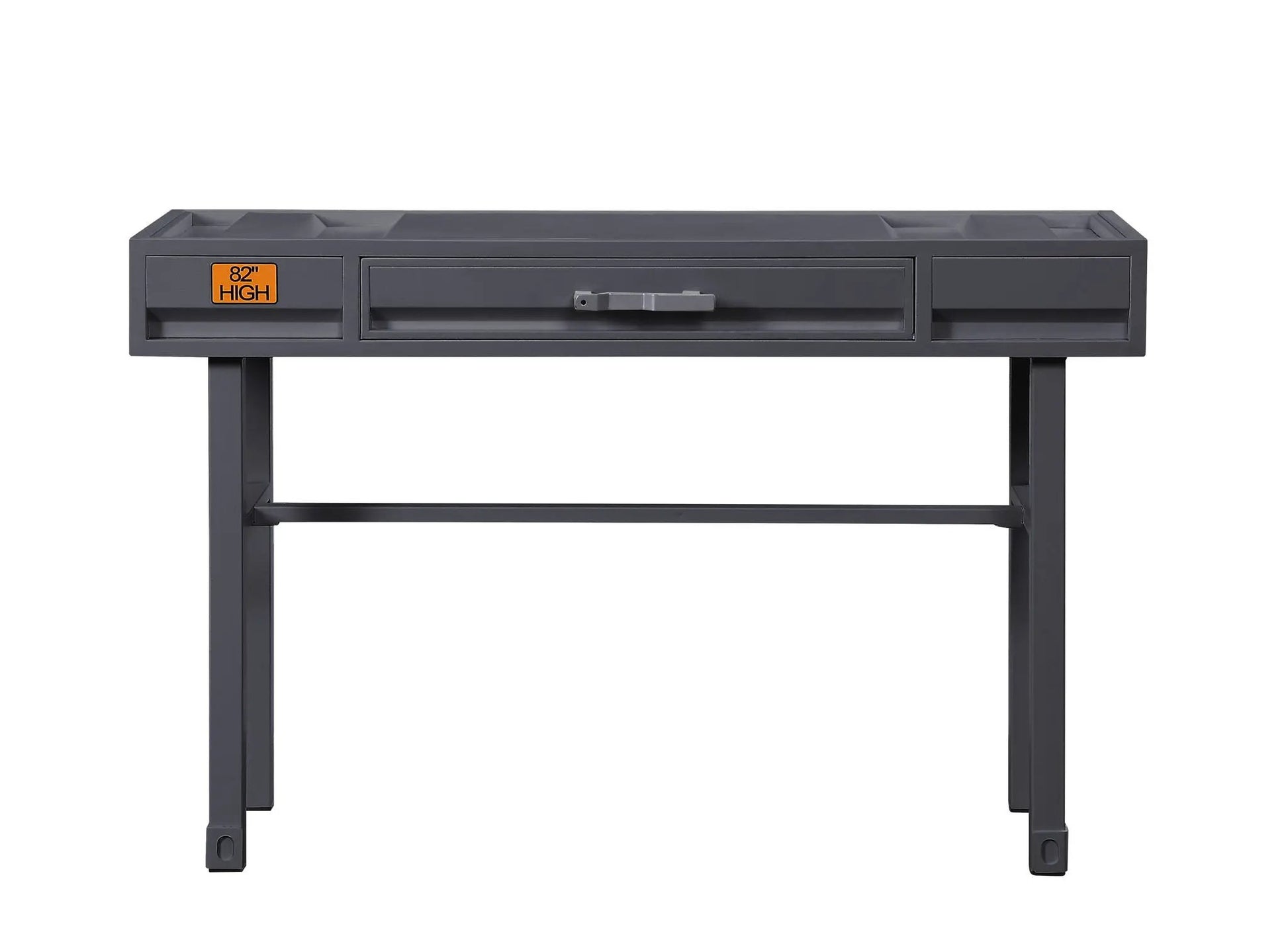 Cargo vanity desk with storage in dark gray metal frame, built-in top trays and central drawer on Tampa Home & Garden Store