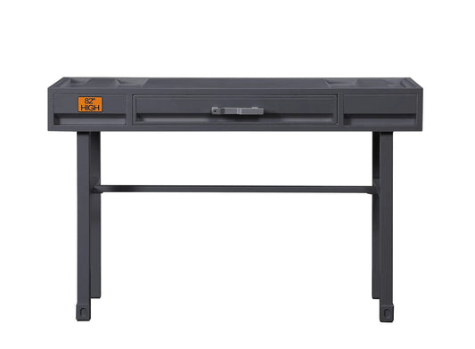 Cargo vanity desk with storage in dark gray metal frame, built-in top trays and central drawer on Tampa Home & Garden Store