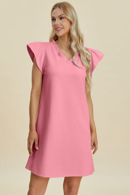 Stevvex pink ruffled V-neck cap-sleeve dress with geometric textured pattern knee-length on Tampa Home & Garden Store