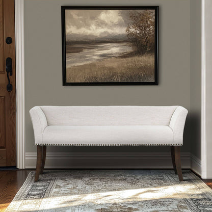 Welburn Upholstered Bench with low back and flared arms, white fabric, nailhead trim on Tampa Home & Garden Store