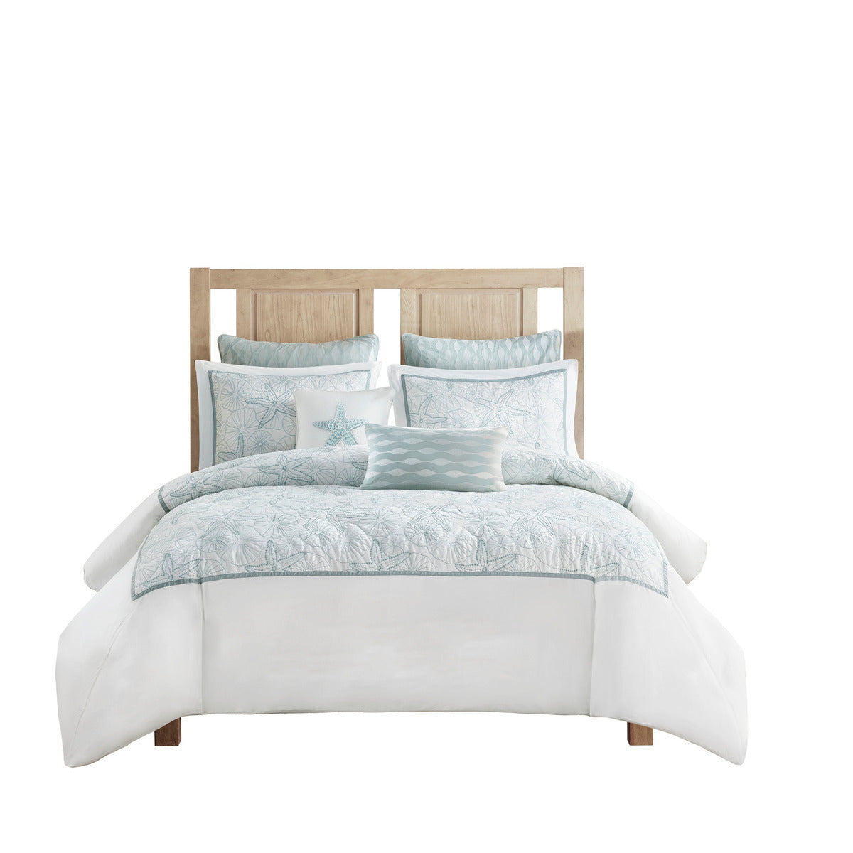 White cotton duvet cover with embroidered seashells and blue border, HouseOfZazla Full/Queen on Tampa Home & Garden Store