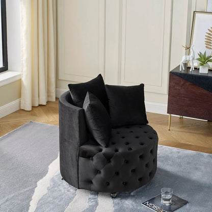 Modern upholstered black swivel chair with button tufting and movable wheels on Tampa Home & Garden Store