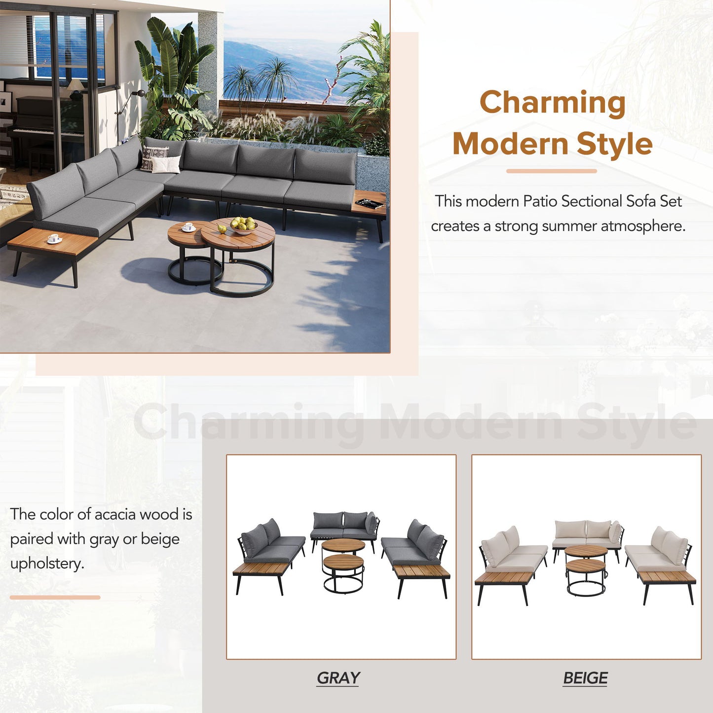 6-Piece Modern Outdoor Sectional Sofa Set With Nesting Coffee Tables in gray cushions on Tampa Home & Garden Store