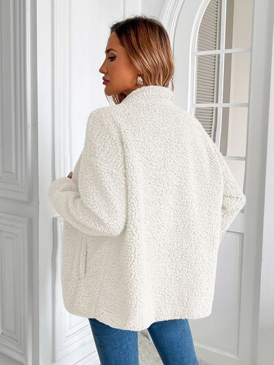 Winter Warm Zip Up Long Sleeve Jacket, white fuzzy fleece, Stevvex, oversized fit on Tampa Home & Garden Store
