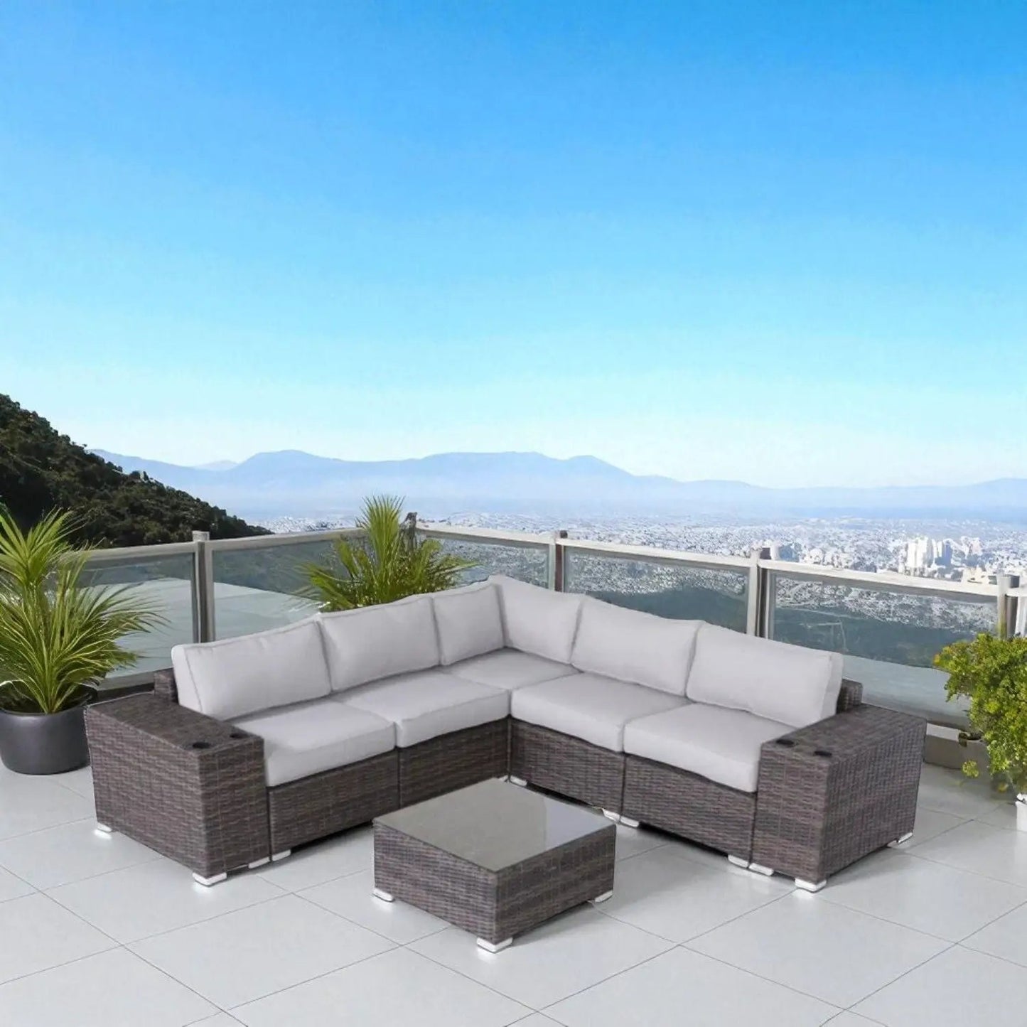 Modern Patio Rattan Sectional 2-Piece Set with Cushions, brown wicker, outdoor furniture on Tampa Home & Garden Store