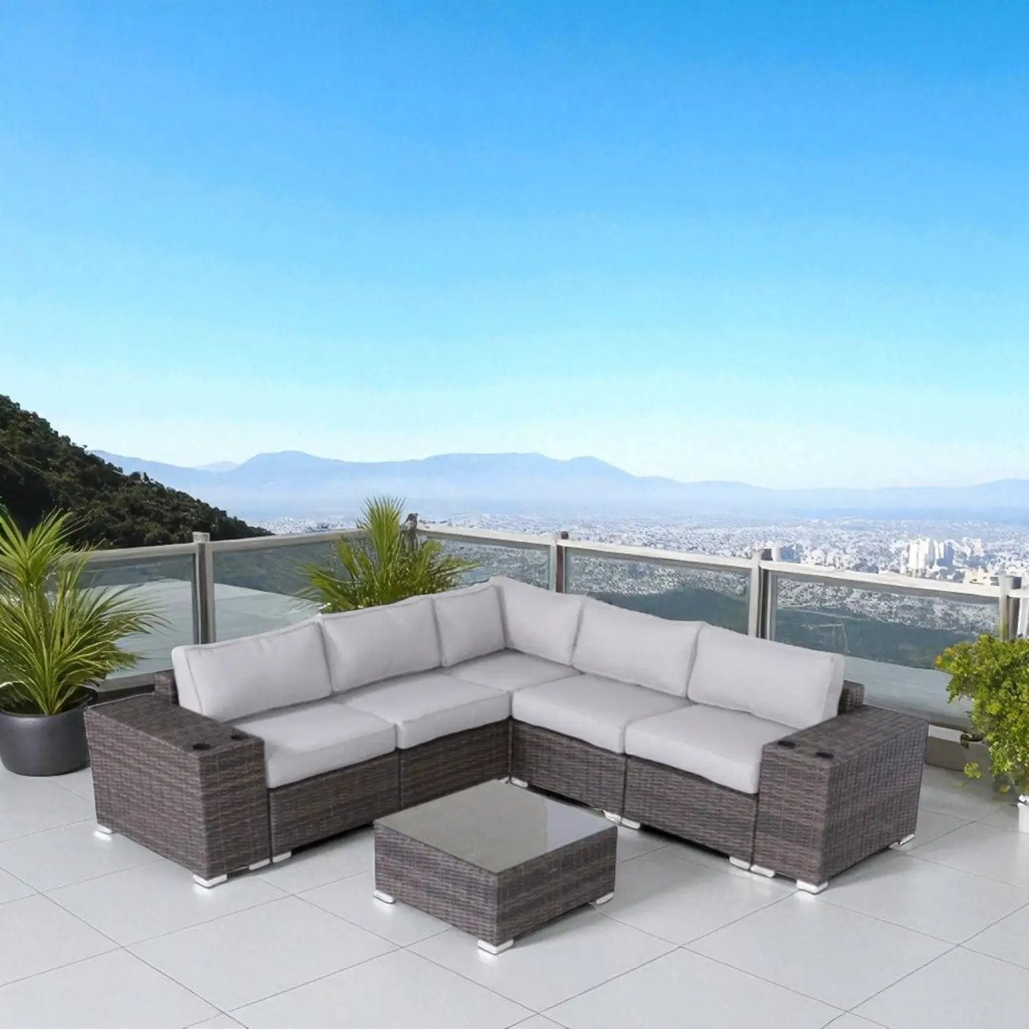 Modern Patio Rattan Sectional 2-Piece Set with Cushions, brown wicker, outdoor furniture on Tampa Home & Garden Store