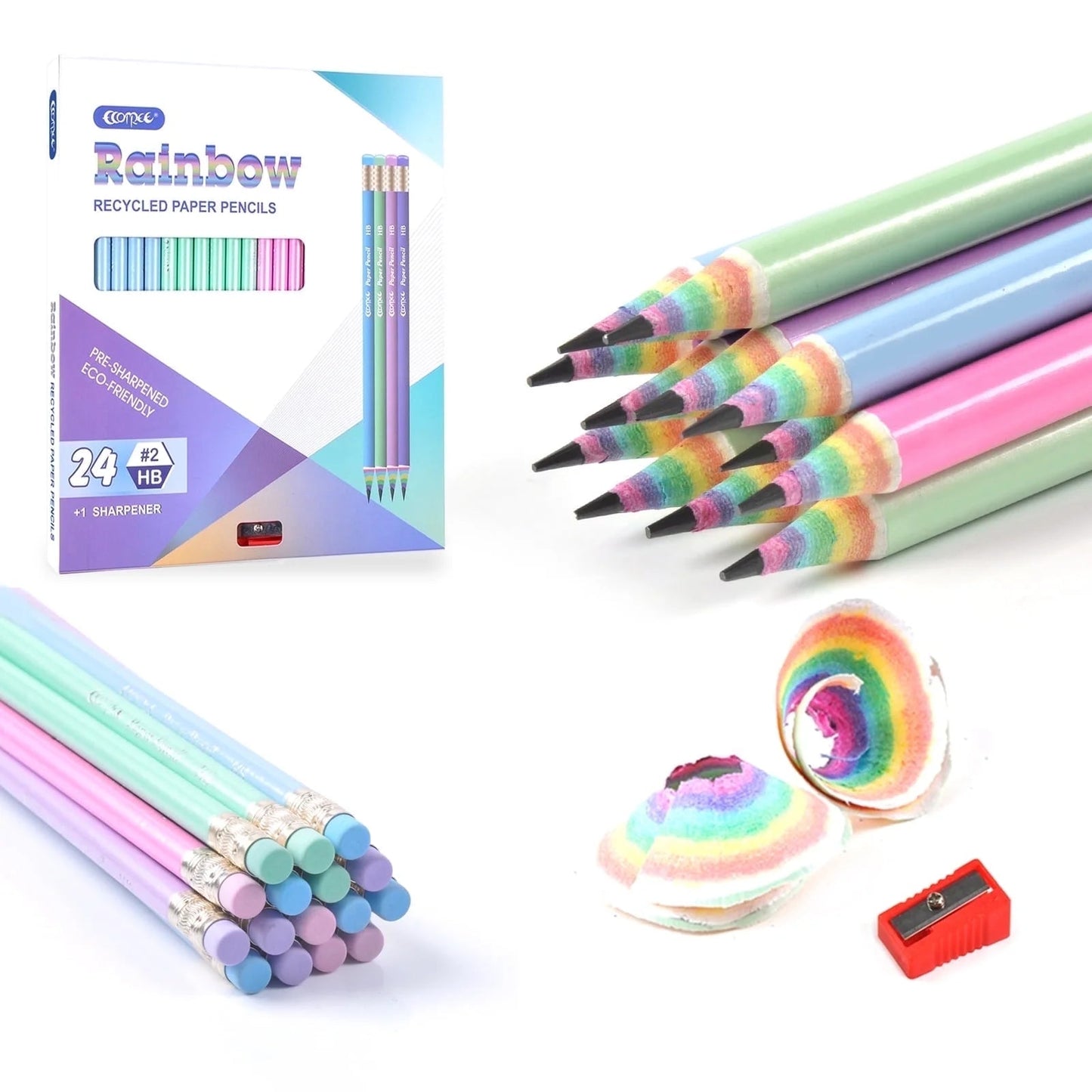 ECOTREE 24-Pack Rainbow Woodless Pencils – Eco-Friendly #2 HB Pre-Sharpened School & Office Pencils Made from Recycled Paper, Non-Toxic & Lead-Free