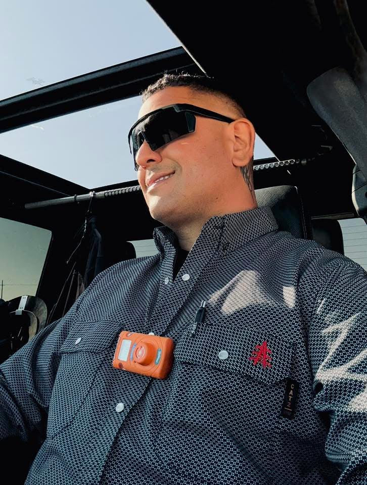 FR Pearl Snap Work Shirt by Static FR in shadow black with orange safety clip on Tampa Home & Garden Store