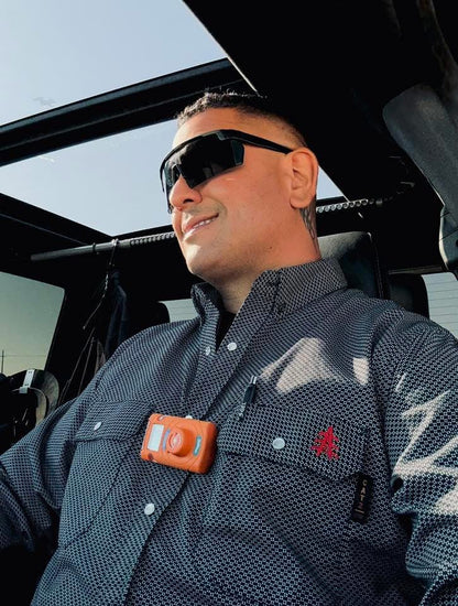 FR Pearl Snap Work Shirt by Static FR in shadow black with orange safety clip on Tampa Home & Garden Store