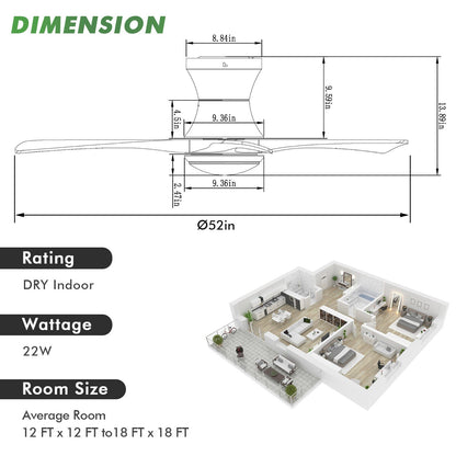 Ventilador de techo de montaje empotrado de 52 pulgadas con luz LED - Negro