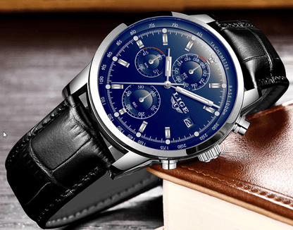 Stevvex men's chronograph watch with blue dial and black leather strap, date display on Tampa Home & Garden Store
