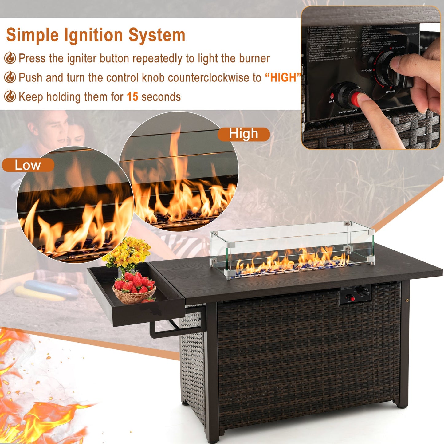 Mesa fogata de gas de mimbre para exteriores de 52 pulgadas con cubierta (propano) - Marrón