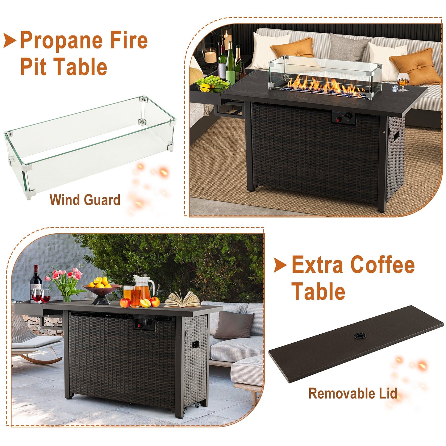 Mesa fogata de gas de mimbre para exteriores de 52 pulgadas con cubierta (propano) - Marrón