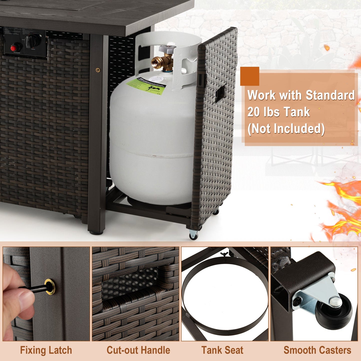 Mesa fogata de gas de mimbre para exteriores de 52 pulgadas con cubierta (propano) - Marrón