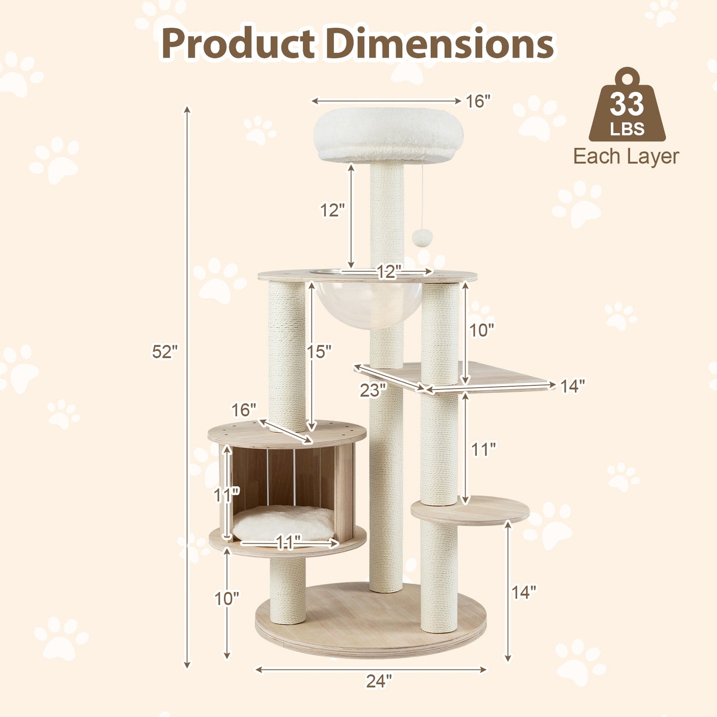52 Inches Tall Wooden Cat Tree with Washable Plush Cushions and Multi-Level Climbing Stand