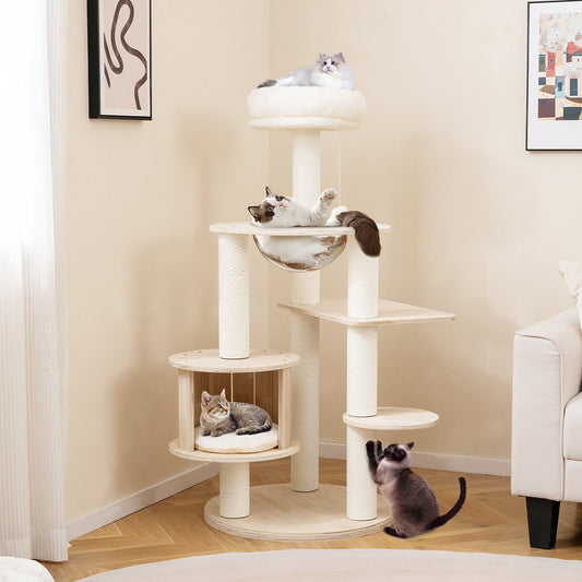 52 Inches Tall Wooden Cat Tree with Washable Plush Cushions and Multi-Level Climbing Stand - Tampa Home & Garden Store