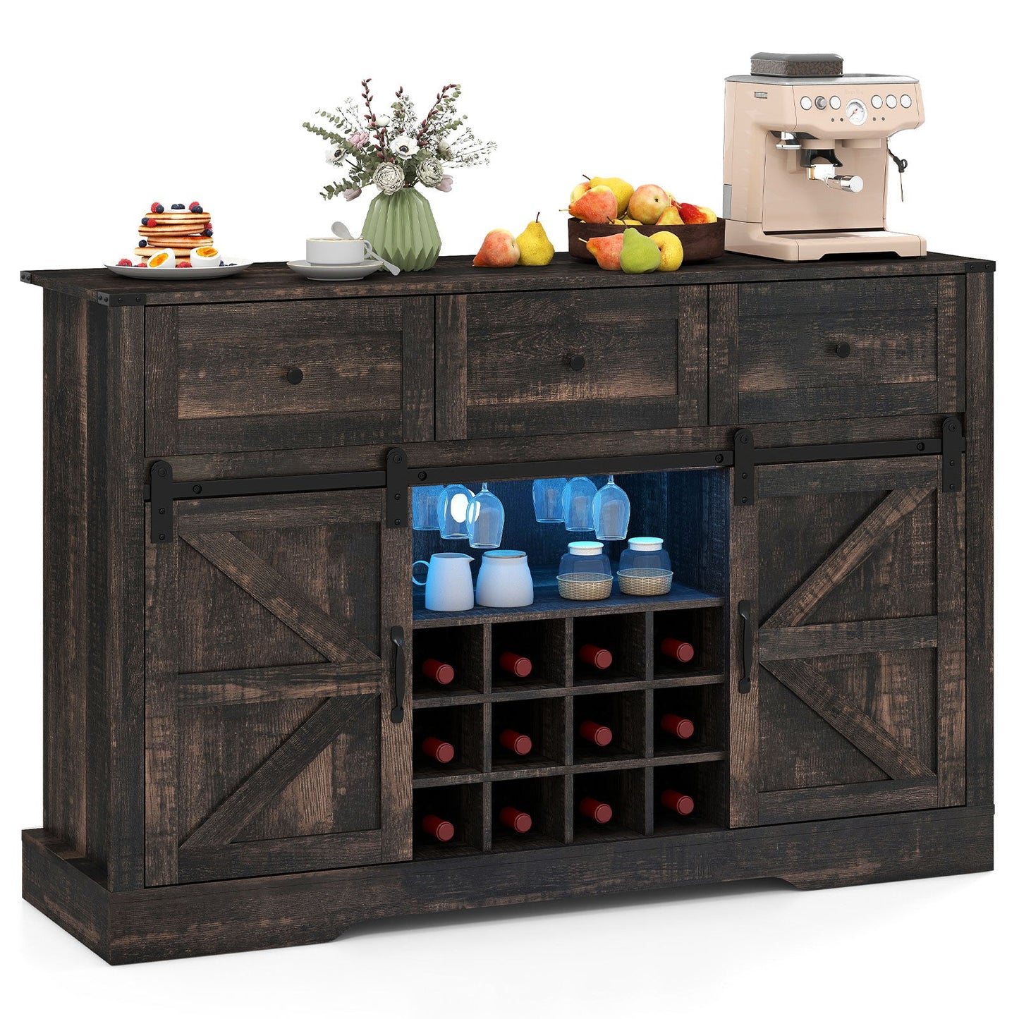 52 Inches Wine Bar Cabinet with LED Lights and Sliding Barn Doors