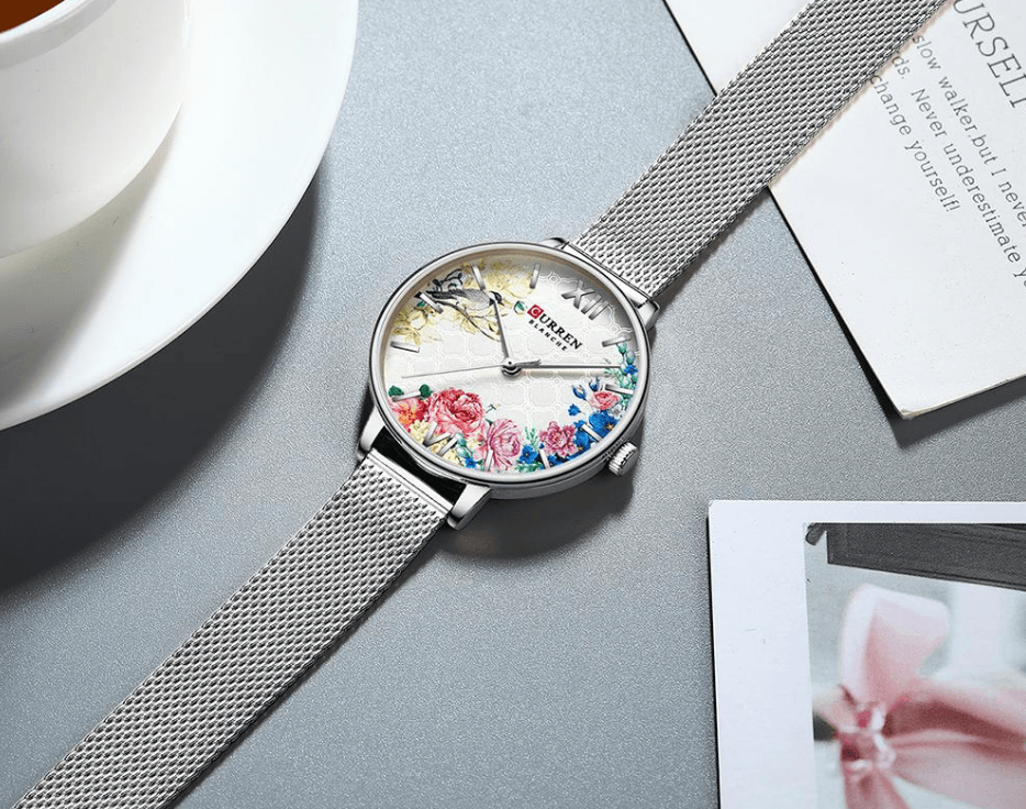 Stevvex women's watch with decoupage flower dial, large Roman numerals, silver mesh strap on Tampa Home & Garden Store