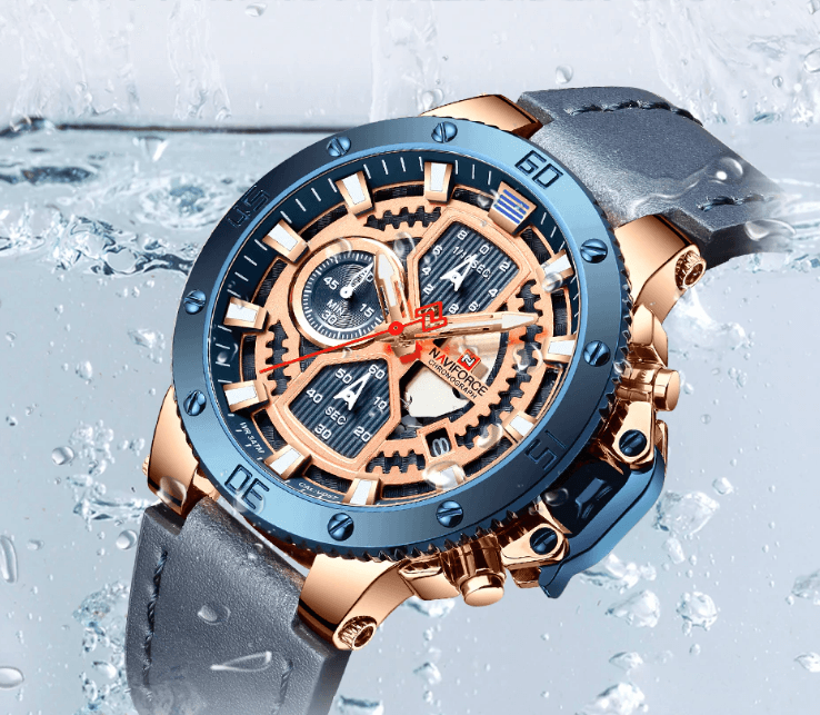 Men's Stevvex ST1N600MK waterproof chronograph watch with blue bezel and skeleton dial gray strap on Tampa Home & Garden Store