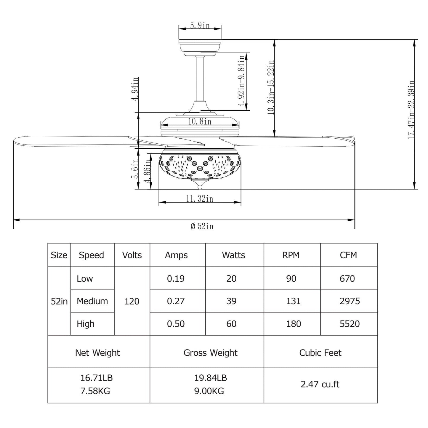 Ventilador de techo de 52 pulgadas con control remoto - Nogal