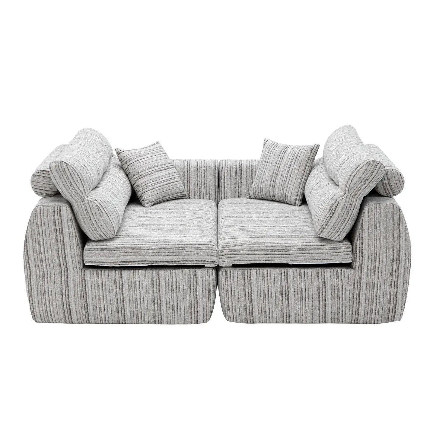 3 seater striped sofa for living room with matching pillows in light gray fabric on Tampa Home & Garden Store