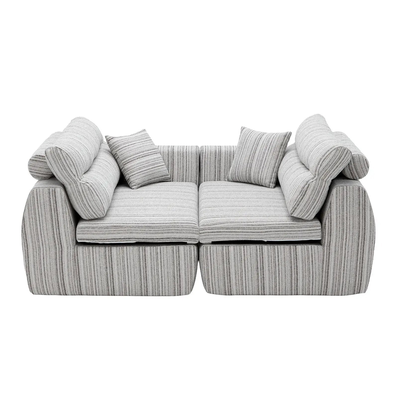 3 seater striped sofa for living room with matching pillows in light gray fabric on Tampa Home & Garden Store
