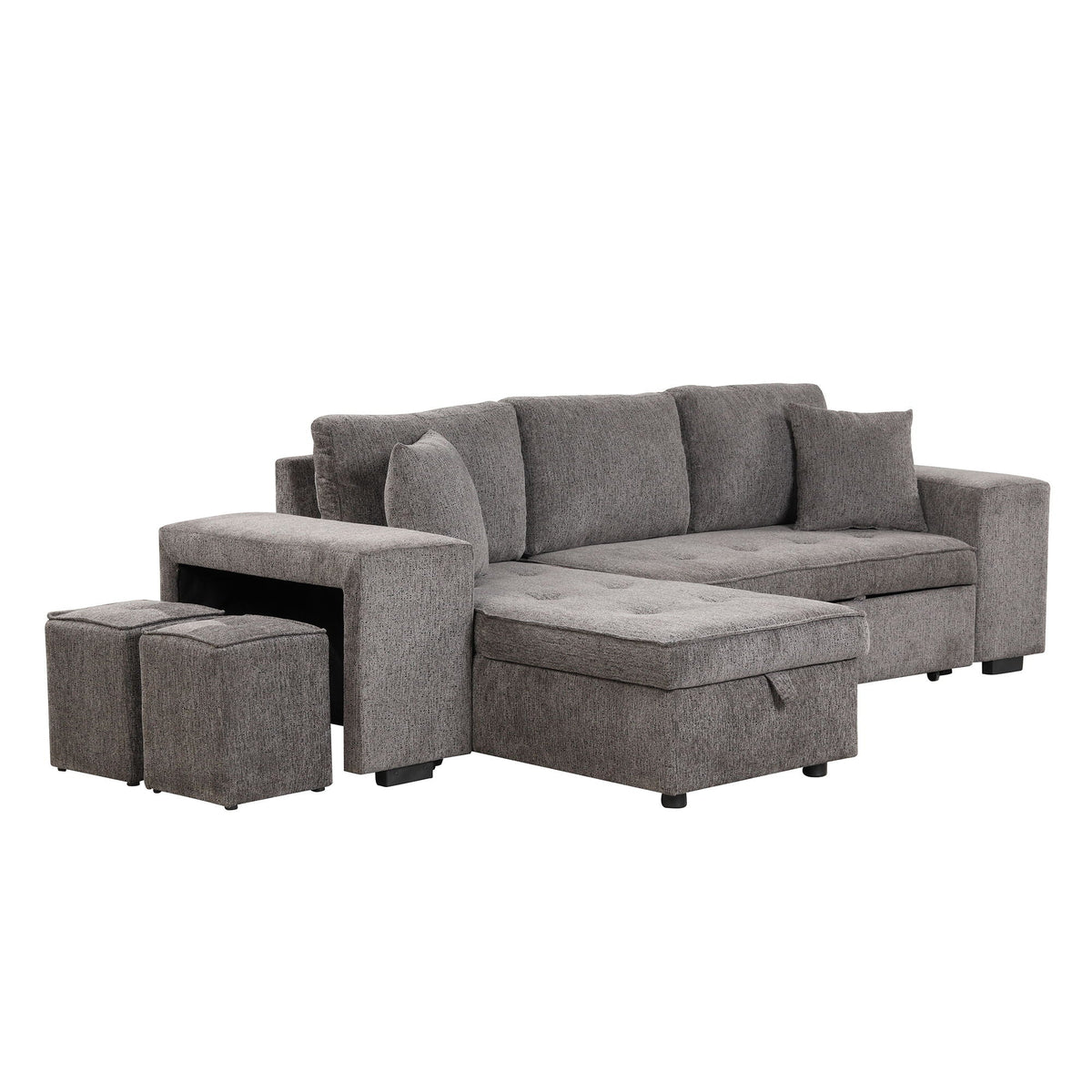 Modern L-Shape sleeper sectional in gray fabric with storage chaise and 2 stools on Tampa Home & Garden Store