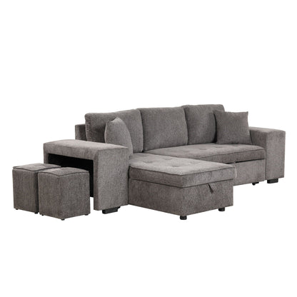 Modern L-Shape sleeper sectional in gray fabric with storage chaise and 2 stools on Tampa Home & Garden Store