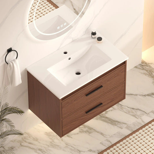 Wall-mounted bathroom vanity with 2-drawer soft-close in red-brown wood and white sink on Tampa Home & Garden Store