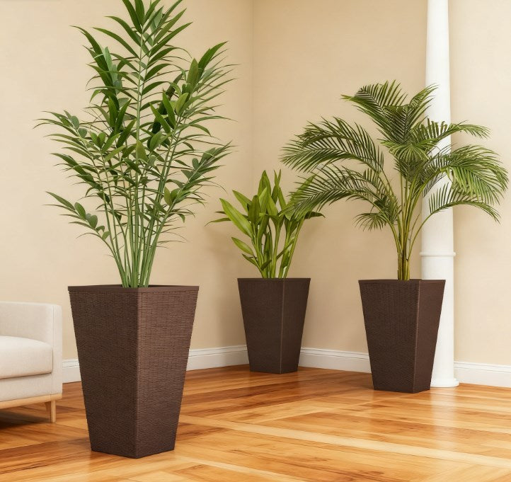 Outdoor plant pots set of 3 tall dark brown wicker planters with drainage holes on Tampa Home & Garden Store