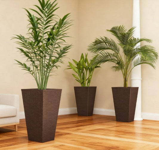 Outdoor plant pots set of 3 tall dark brown wicker planters with drainage holes on Tampa Home & Garden Store
