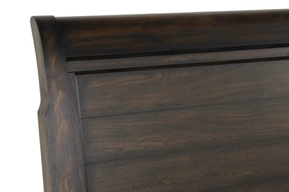 Crafted Sleigh Bed in dark espresso wood with curved headboard and paneled sides on Tampa Home & Garden Store
