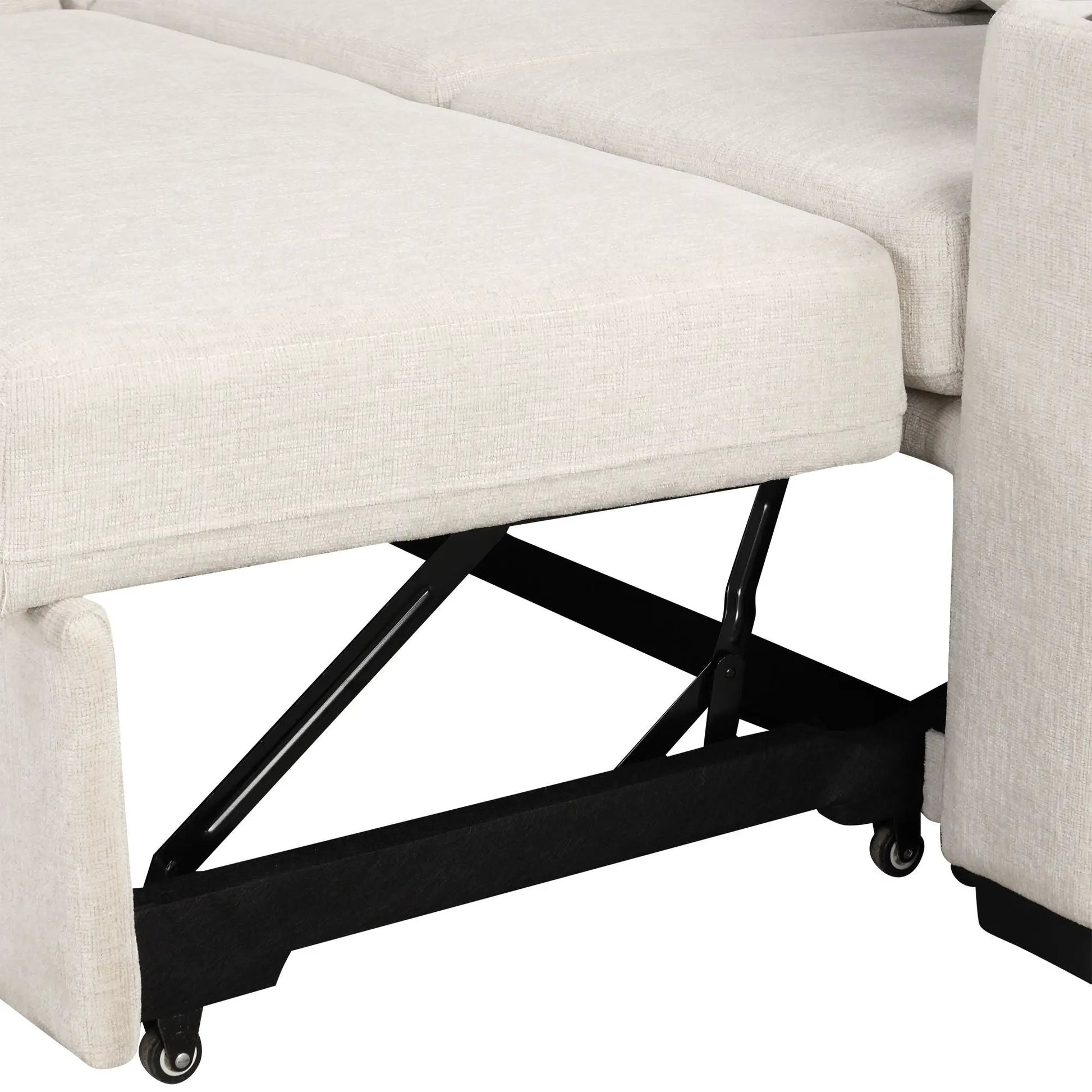 Modern 2-seater sleeper loveseat in beige fabric with pull-out bed frame and black metal legs on Tampa Home & Garden Store