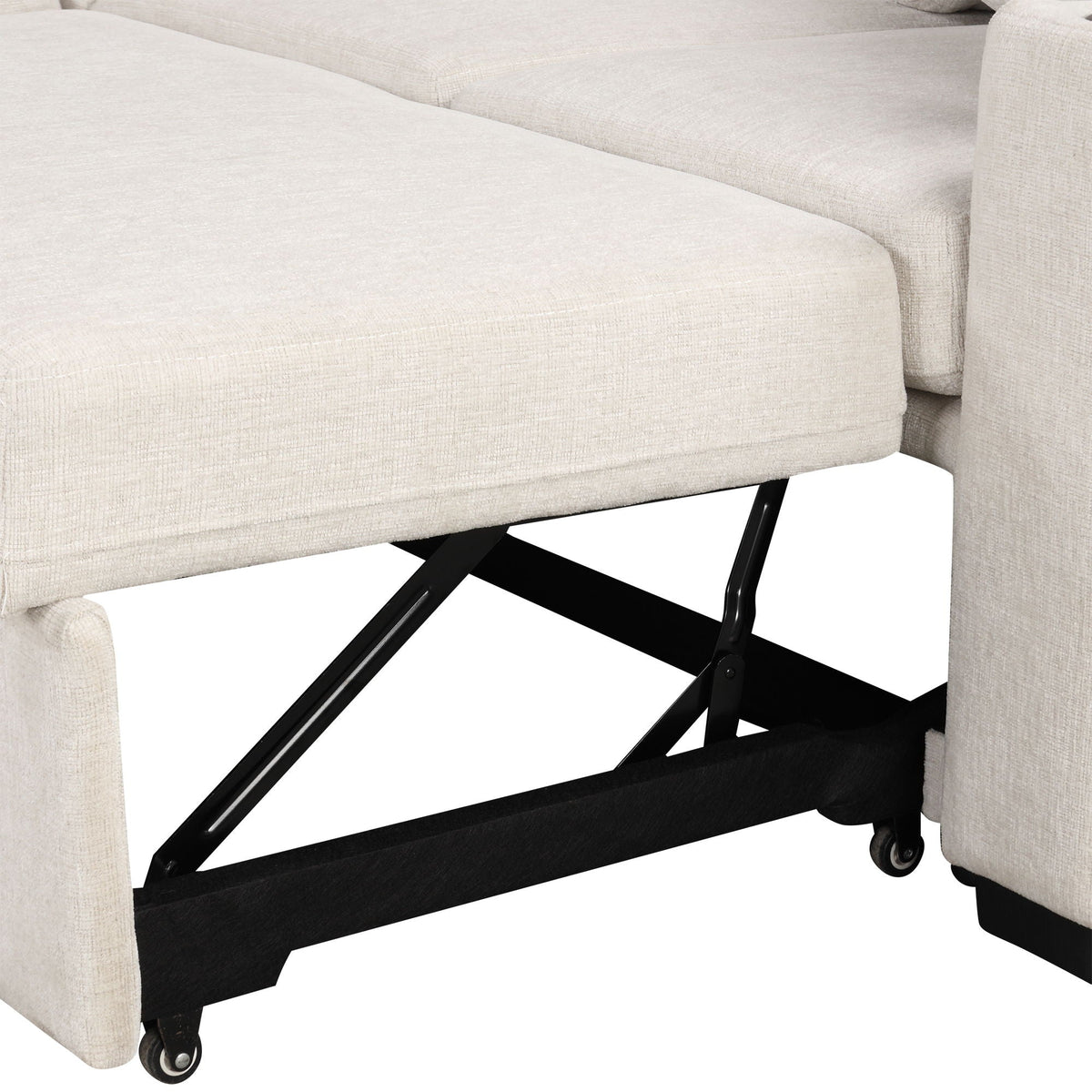 Single pull-out sleeper chair in beige upholstery with black metal legs and wheels on Tampa Home & Garden Store