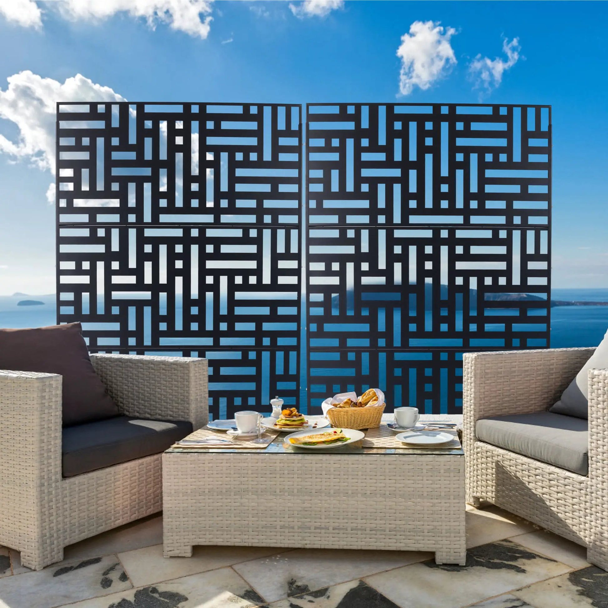 Decorative metal privacy screen with two black panels and cutouts for indoor or outdoor use on Tampa Home & Garden Store