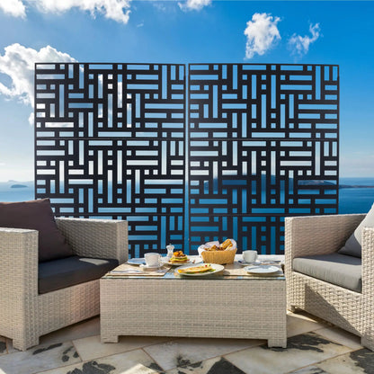 Decorative metal privacy screen with two black panels and cutouts for indoor or outdoor use on Tampa Home & Garden Store