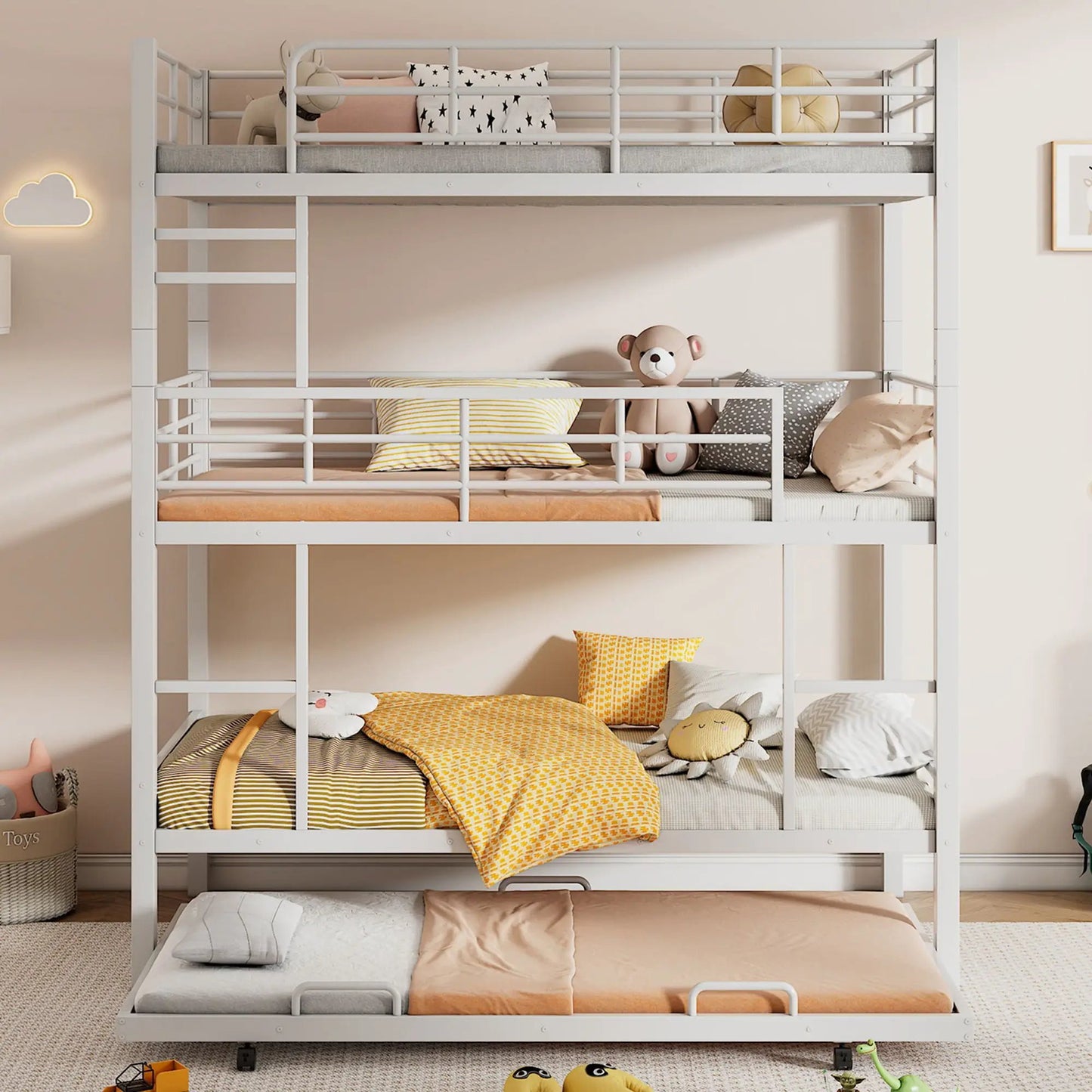 Triple bunk bed with trundle in white heavy-duty steel by Unique Piece Furniture on Tampa Home & Garden Store