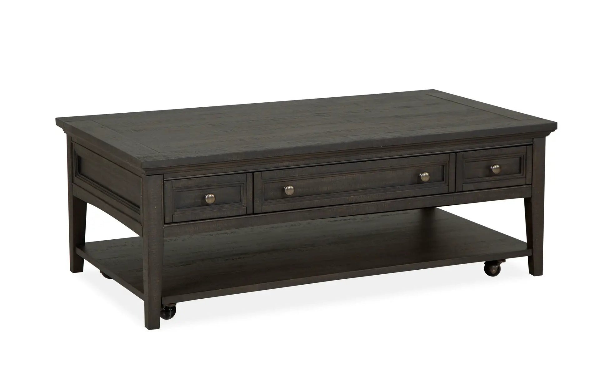 Westley Falls Rectangular Cocktail Table With Casters Graphite finish, three front drawers on Tampa Home & Garden Store