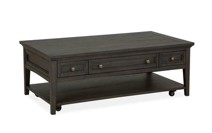 Westley Falls Rectangular Cocktail Table With Casters Graphite finish, three front drawers on Tampa Home & Garden Store
