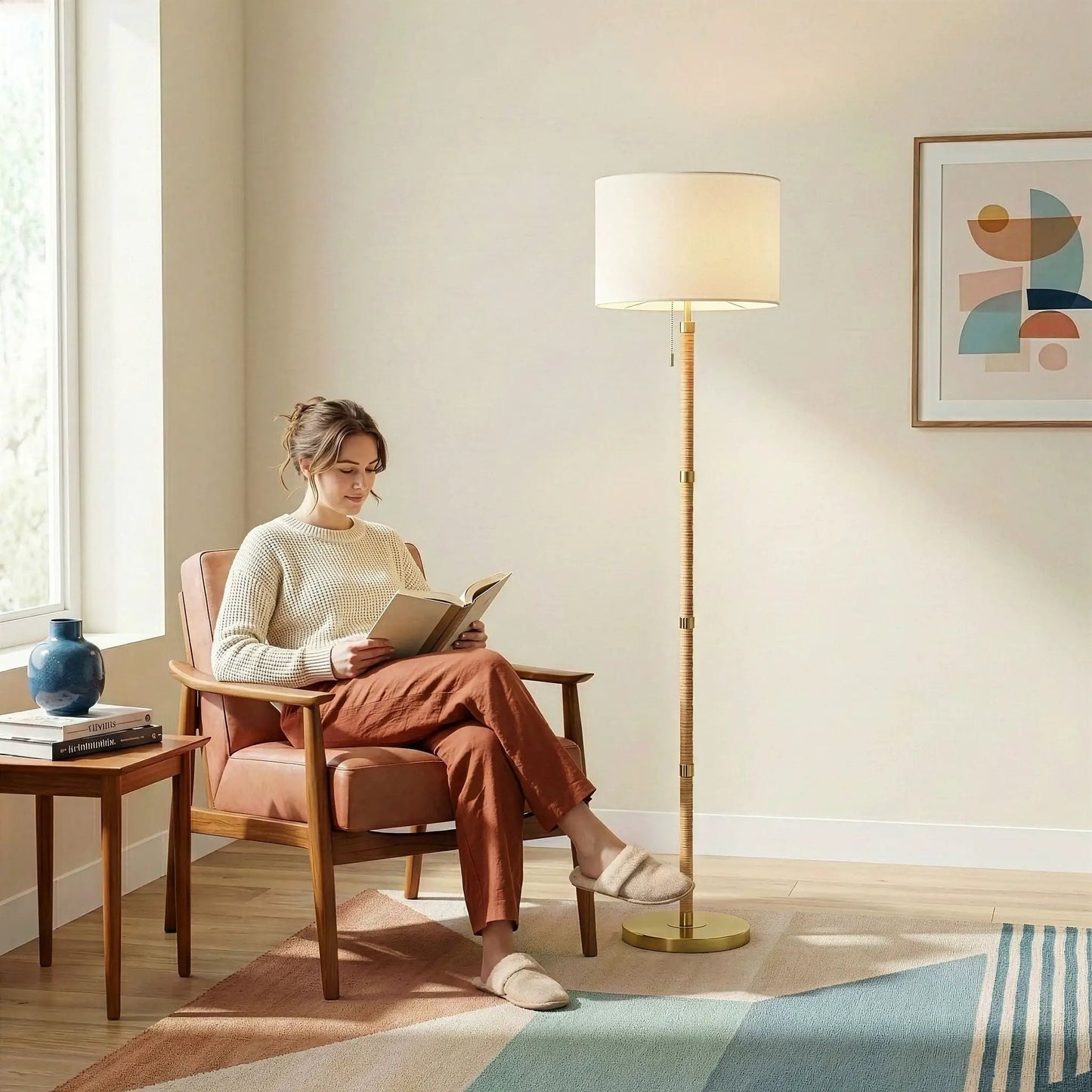 Stellar Linen Shade Floor Lamp with gold base, wood and rattan stem, white shade in a cozy room on Tampa Home & Garden Store
